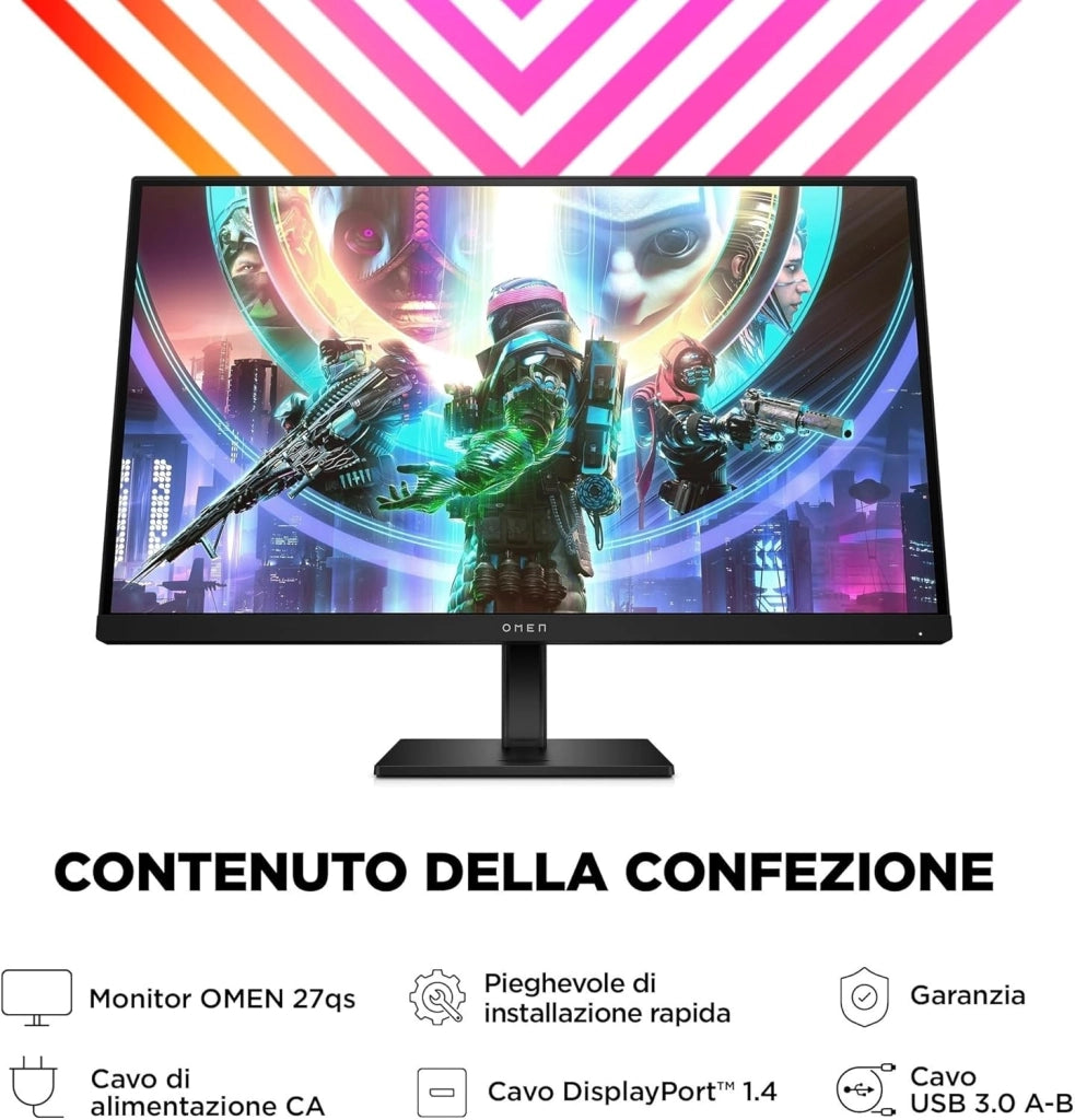 OMEN 27qs Monitor da 27 Pollici, Pannello IPS da 16:9 QHD da 240 Hz, 1 ms, Display HDR 400, Antiriflesso, 400 Nits, AMD FreeSync, NVIDIA G-SYNC, VESA 100x100 mm, HDMI 2.0, USB-A e B