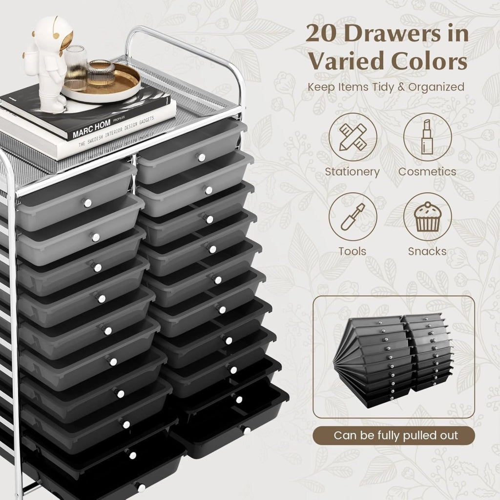 Carrello portaoggetti con ruote da 20 cassetti rimovibili, torre di stoccaggio mobile, 4 ruote con 2 freni, carrello girevole per ufficio, cucina, casa, 64 x 38 x 87 cm (nero sgrassato)