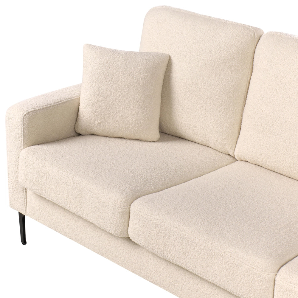 Divano a 3 posti in tessuto bouclè beige sedile imbottito e gambe in metallo con schienale e cuscini