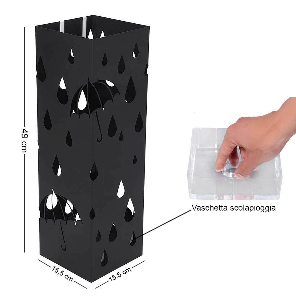 Portaombrelli Design Quadrato 49x15,5x15,5 cm Vaschetta Salvagoccia in Ferro Nero