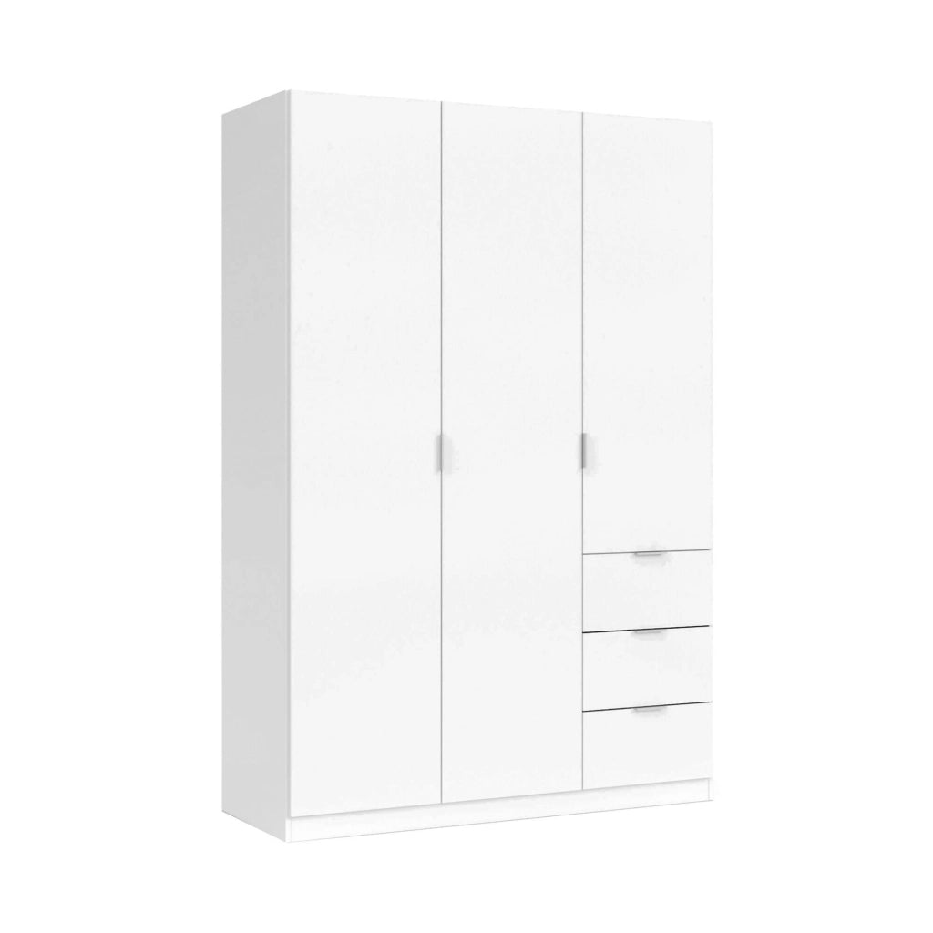 Guardaroba Ade, Armadio per camera da letto a 3 ante e 3 cassetti, Mobile con 3 ripiani e barra appendiabiti, cm 135x52h200, Bianco