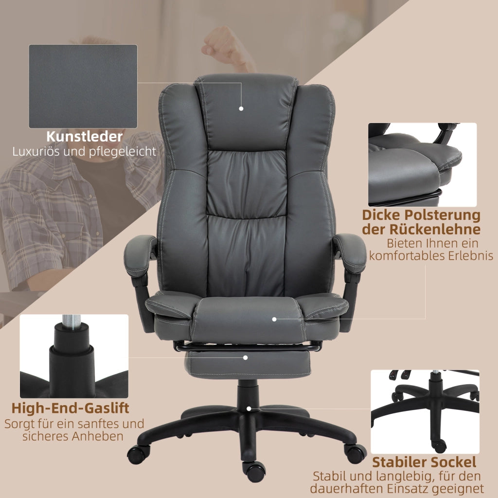 Sedia ufficio girevole con massaggio, schienale reclinabile e poggiapiedi in pelle sintetica grigio scuro 68,5 × 68,5 × 113-121 cm