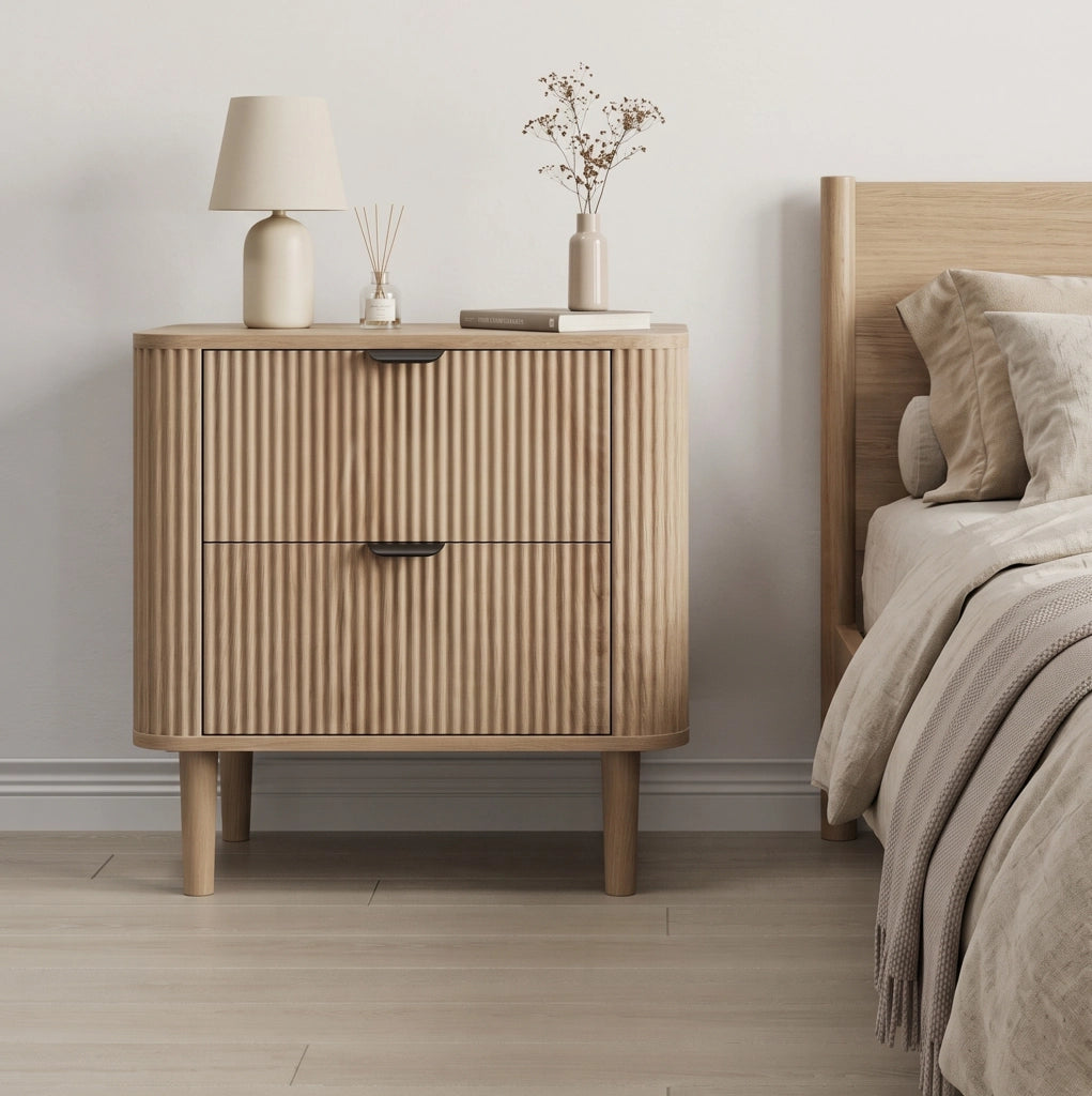 Comodino 2 cassetti in MDF effetto rovere con gambe in legno HAVRYA