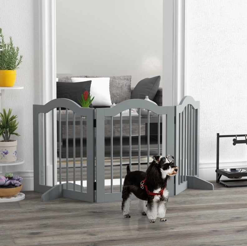 Cancelletto per cani 154;5x61 cm pieghevole con piedini di supporto in legno grigio chiaro