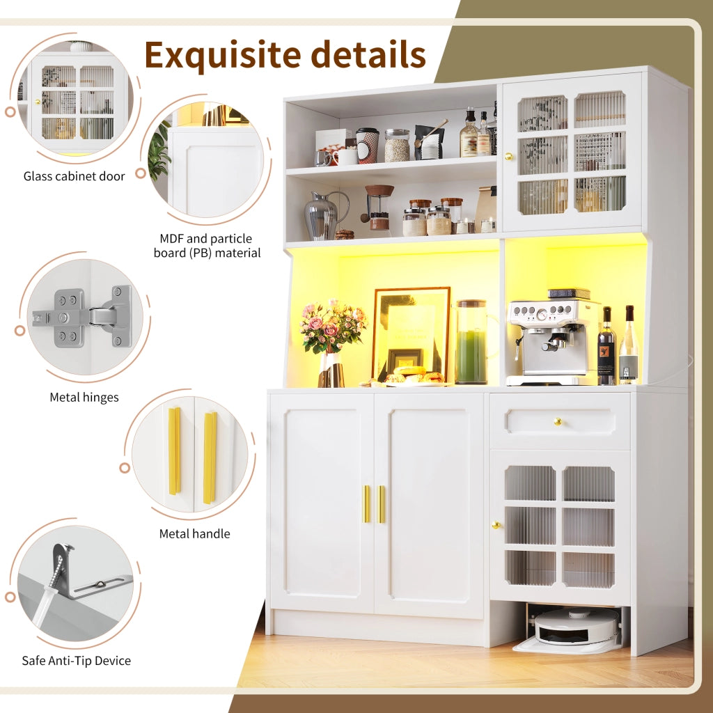 Credenza alta da cucina con LED, ante in vetro e spazio per robot aspirapolvere, bianca, 130 × 45 × 180 cm
