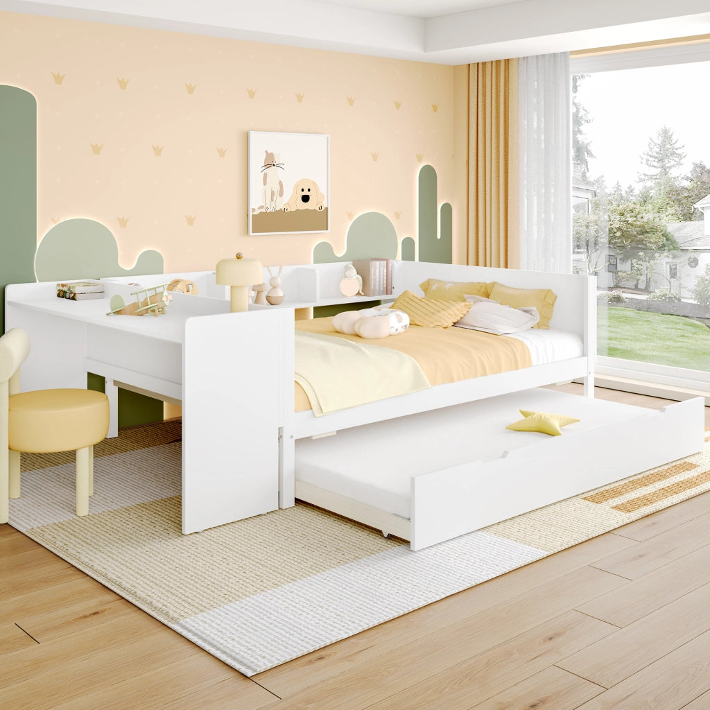 OKWISH Letto combinato 140×200 cm, Letto Matrimoniale con Scrivania, Letto estraibile 90×190 cm, Mensole e Comodino, senza Materasso, Bianco