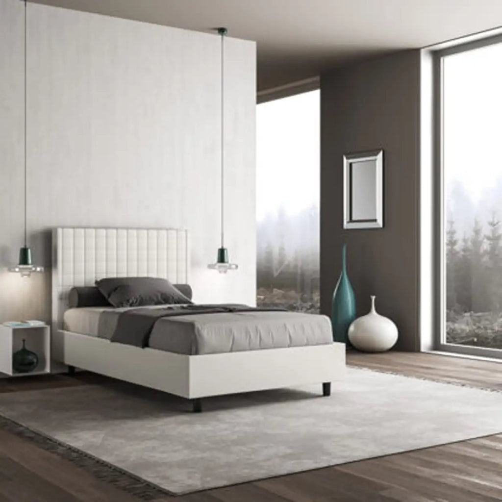 Letto una piazza e mezza contenitore imbottito 120x210 similpelle bianco Sunny
