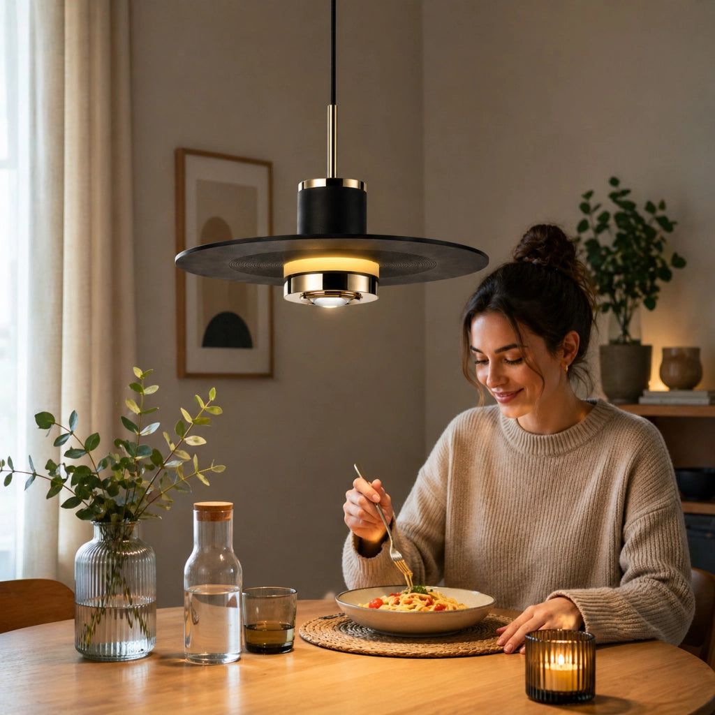 LAMPADARIO LED SOSPENSIONE MODERNO NERO ORO 10W DIMMERABILE CCT REGOLABILE LP022