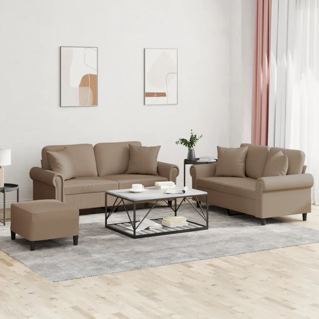 Set di Divani 3 pz con Cuscini Cappuccino in Similpelle