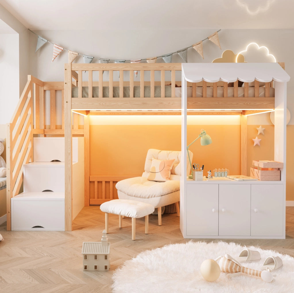 Letto a soppalco singolo 90x200 cm in legno colore legno; con scala contenitore e LED