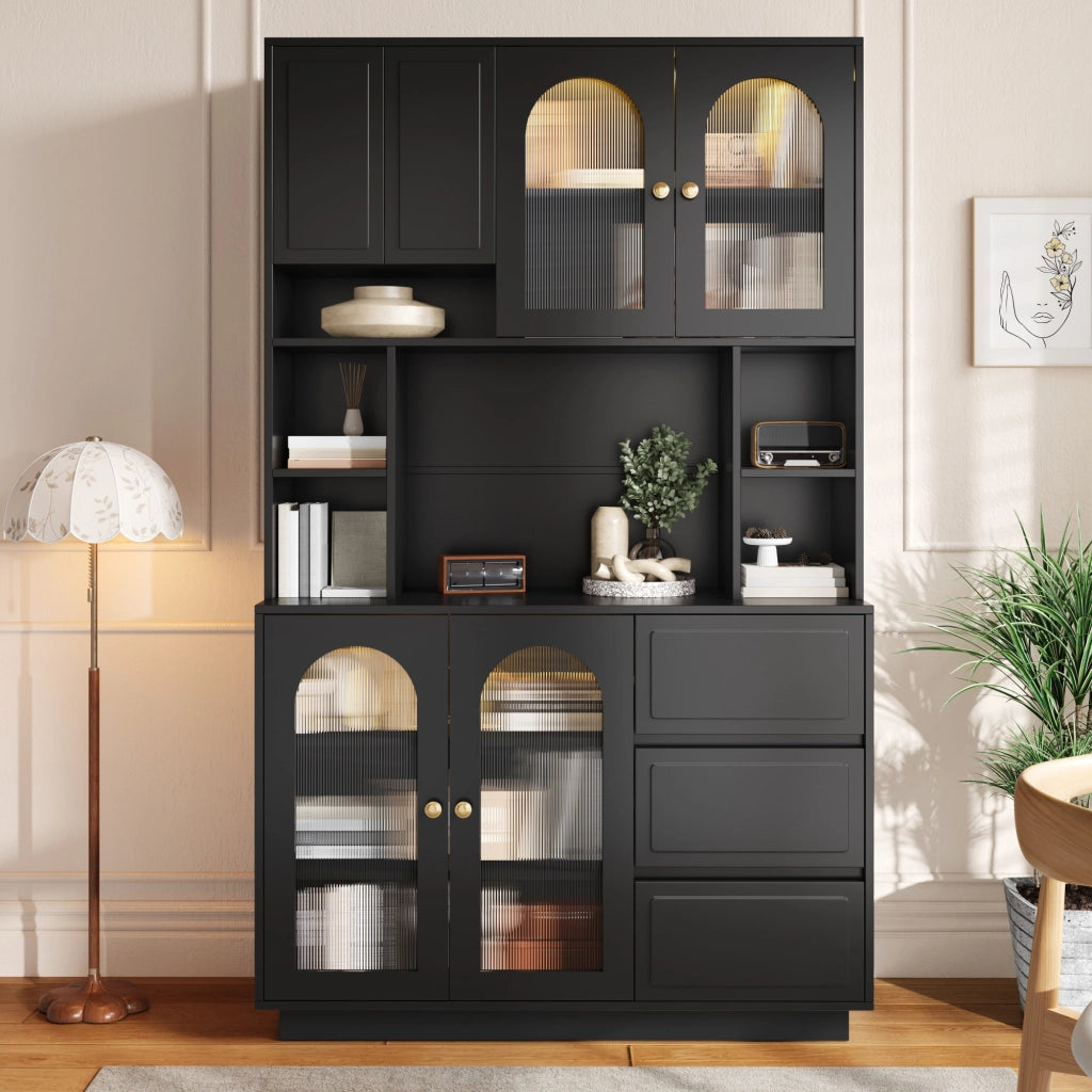 Credenza alta da cucina con LED controllabile tramite app; 106x30x175 cm; nera