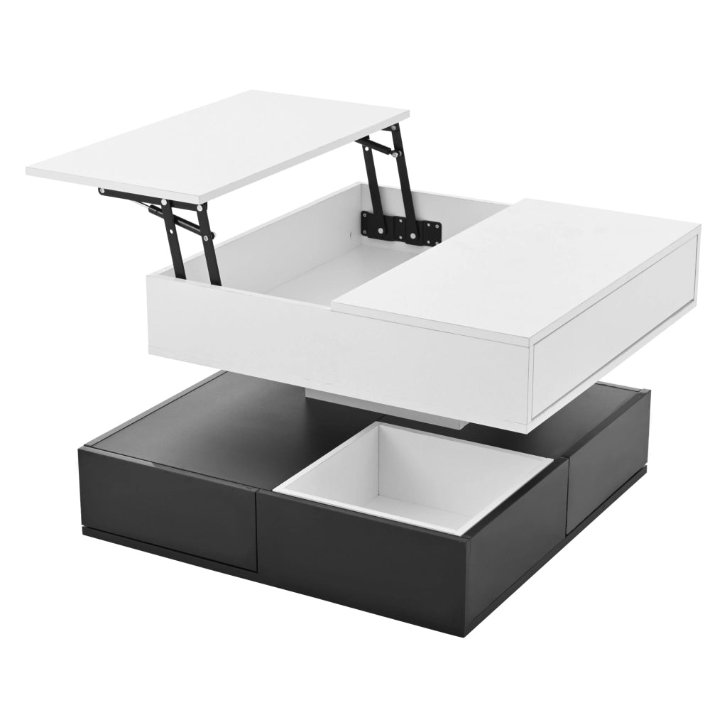 Tavolino da caffè 70x70 cm con piano girevole 360°, 3 cassetti, vano contenitore, bianco e nero