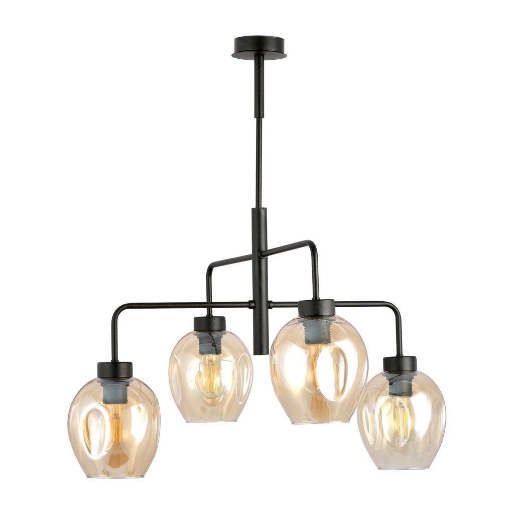 Lampadario Moderno 4 Luci Auriga In Accaio Nero E Vetro Ambra