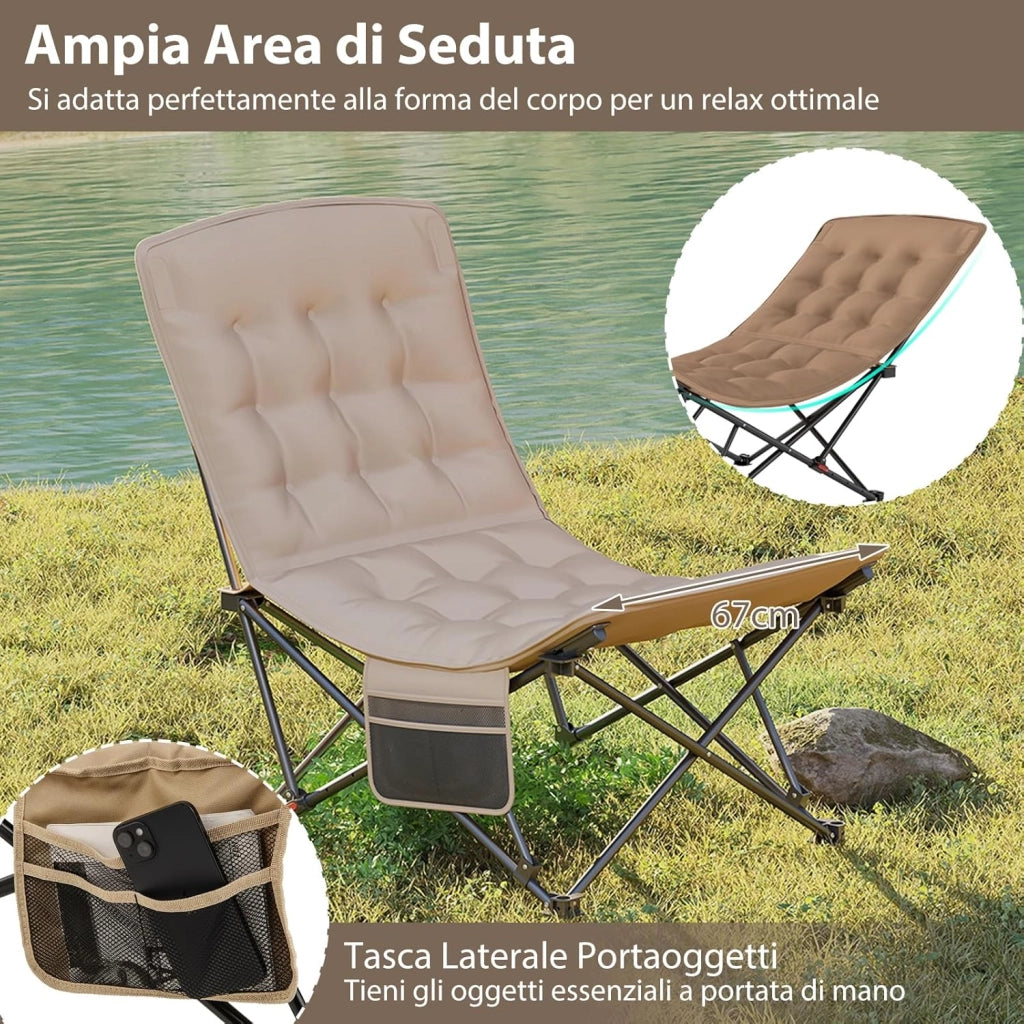 Sedia da Campeggio Pieghevole, Lounge Recliner Portatile con Schienale Regolabile, Sedile Imbottito con Borsa da Trasporto, per Esterno Giardino Cmapeegio, Portata 225 kg