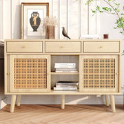 OKWISH Credenza con 3 Cassetti e 3 Ante Scorrevoli, Ripiani Regolabili, Stile Retrò, MDF e Metallo, Rovere, 120 x 40 x 78 cm