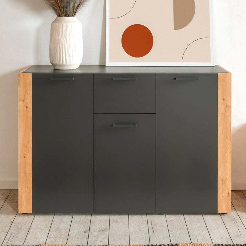 Madia Cento 01B con 3 ante e 1 cassetto colore antracite e laterali legno rovere artisan