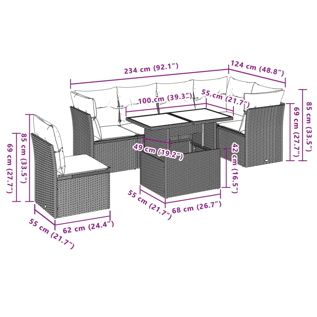 Set Divani da Giardino 7 pz con Cuscini Beige in Polyrattan 3266618