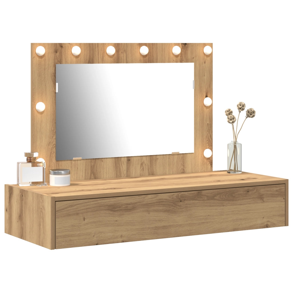 Tavolo da trucco appeso con luci LED in rovere artigianale
