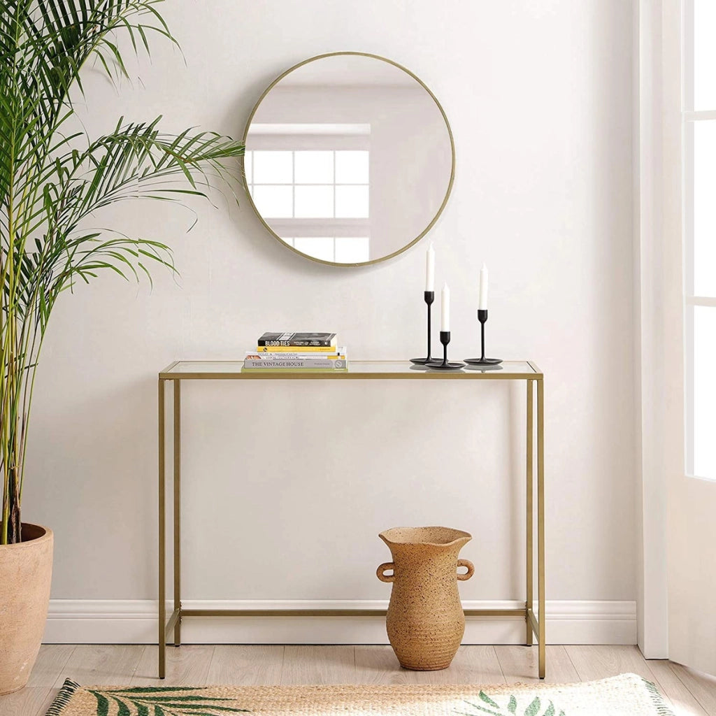 Console da salotto moderna dorata con piano in vetro
