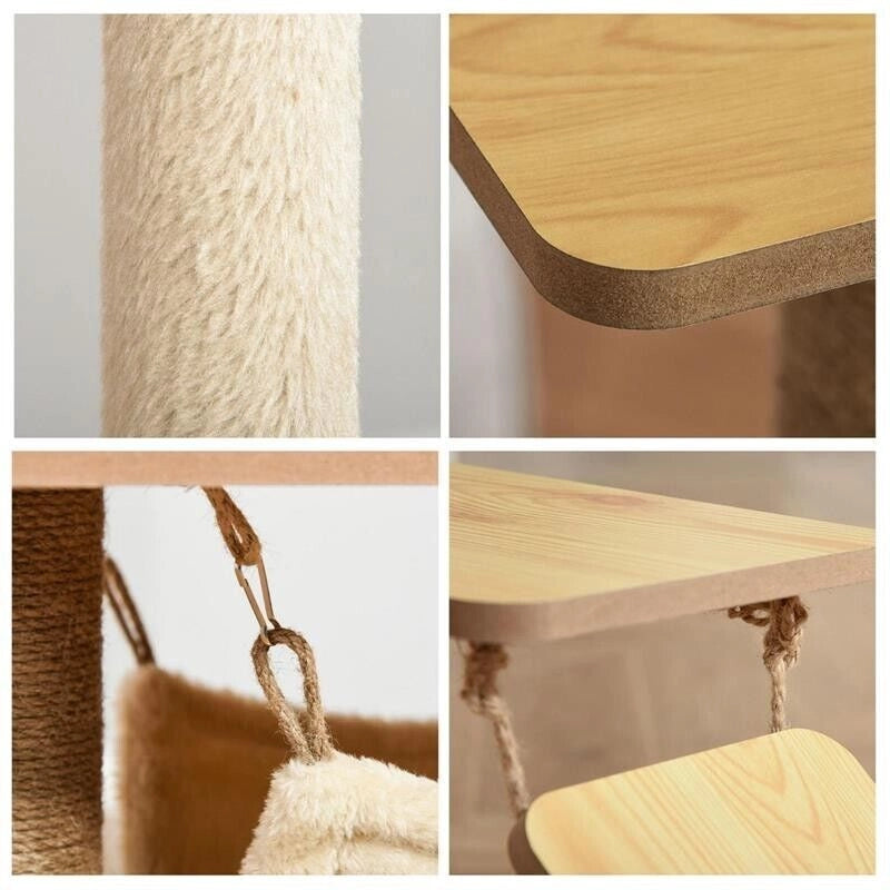 ALBERO TIRAGRAFFI MULTILIVELLO CON CASETTA, AMACA, SCALETTA E CORDE IN JUTA, RIVESTIMENTO PELUCHE, 60X40X130CM, GIALLO