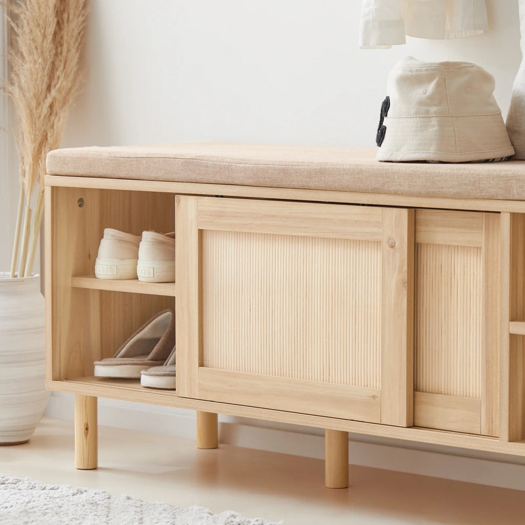 Panca Scarpiera Da Ingresso Con 2 Porte Scorrevoli Naturale 120x35.2x49cm FSR163-N