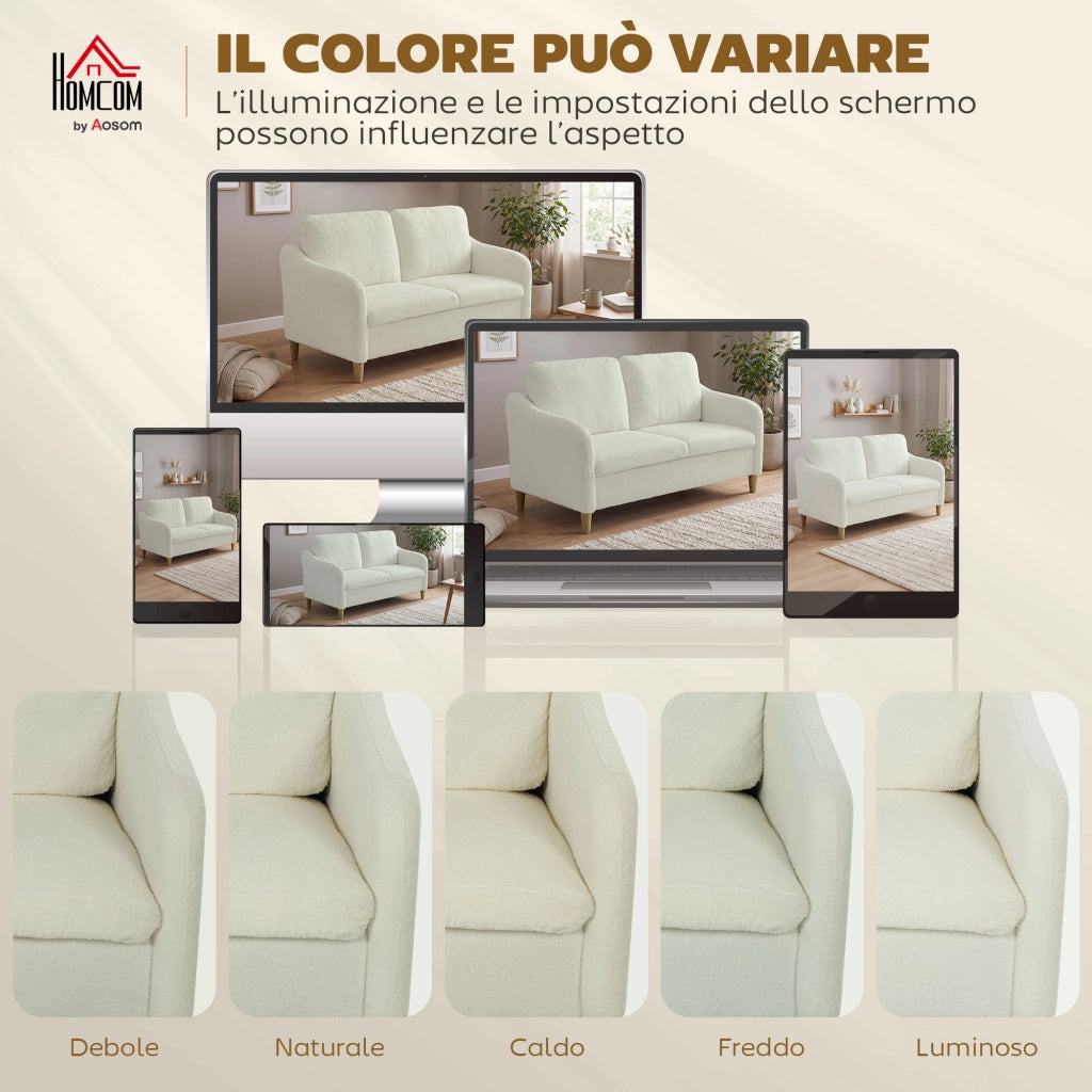 Divano 2 Posti Moderno con Cuscini Spessi e Rivestimento Sherpa, 137x69x82 cm, Crema