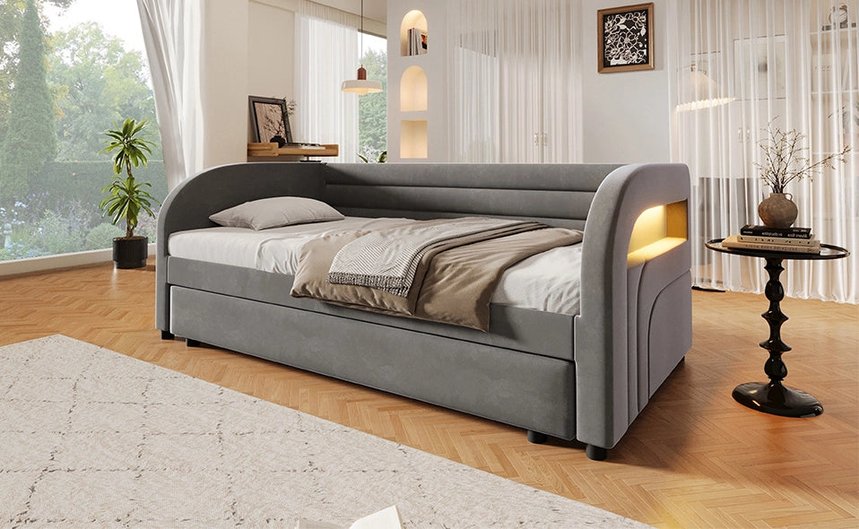 Letto imbottito ULEVR 90x200 cm con letto estraibile e illuminazione LED multicolore, grigio