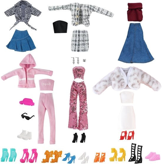 Accessori di abbigliamento per bambole 30 pezzi - 6 gonne - 7 scarpe - Outfit moda - Regalo di compleanno - Migliora abilità pratiche - Abbigliamento per bambole