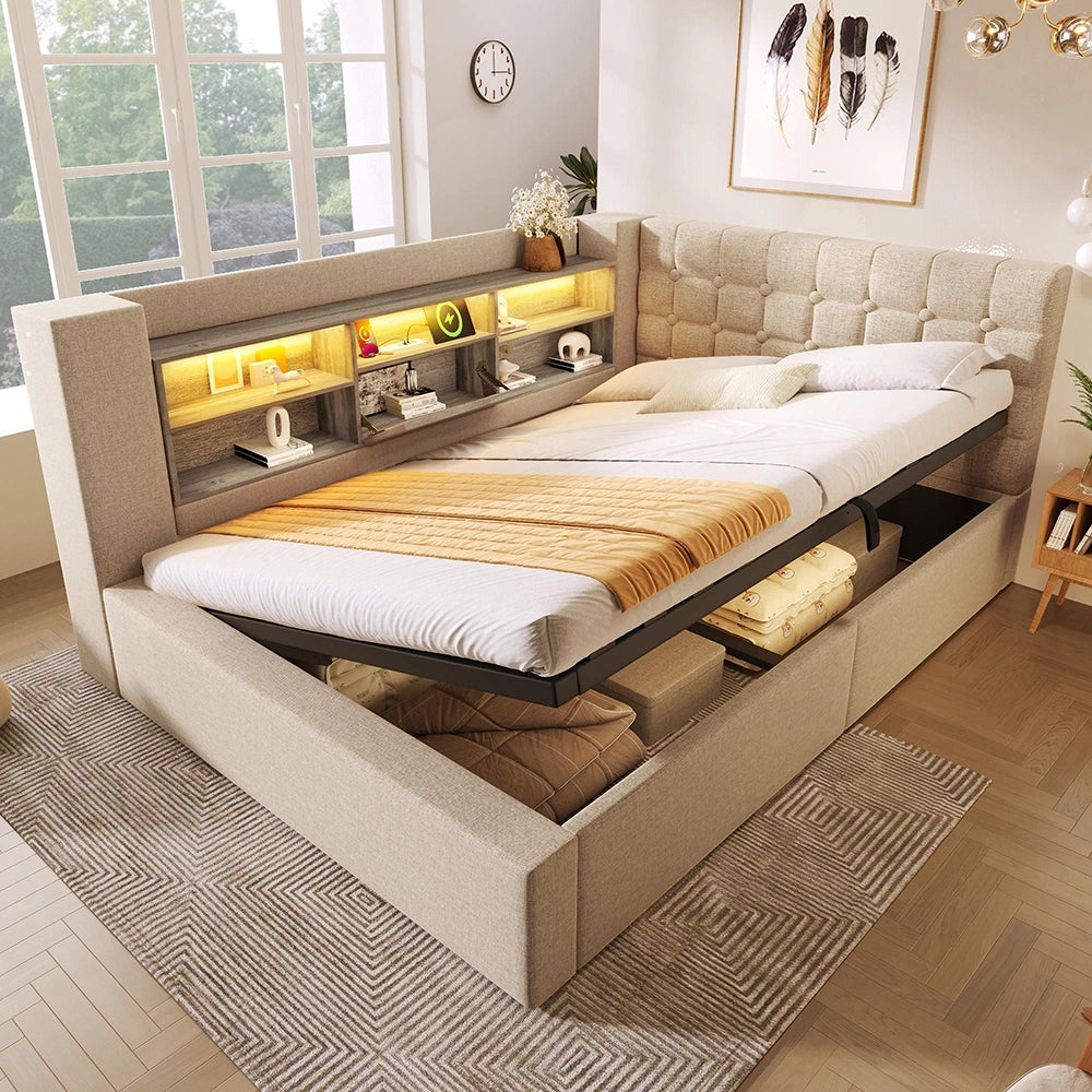 Letto imbottito-Xylo-140x190cm LED idraulico testiera a L lino beige senza materasso