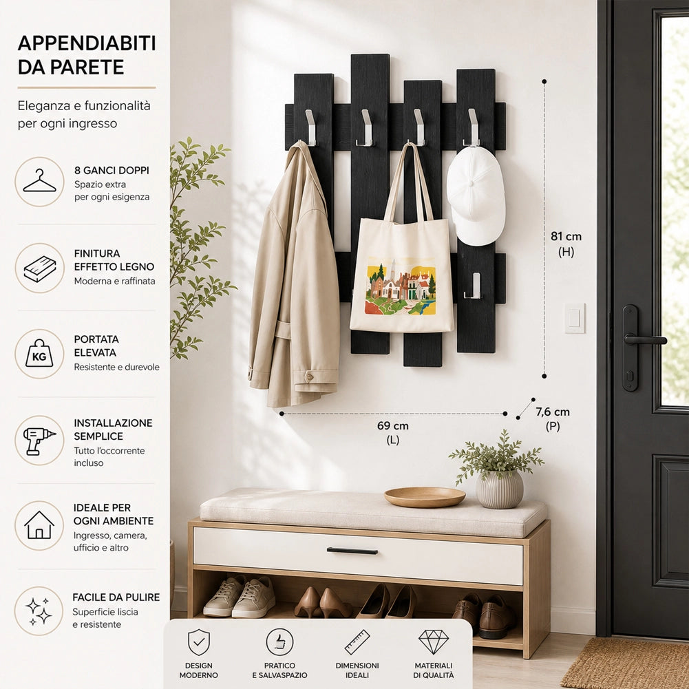 Appendiabiti da Muro Attaccapanni Montaggio Parete H79xl64xP4cm Legno Nero