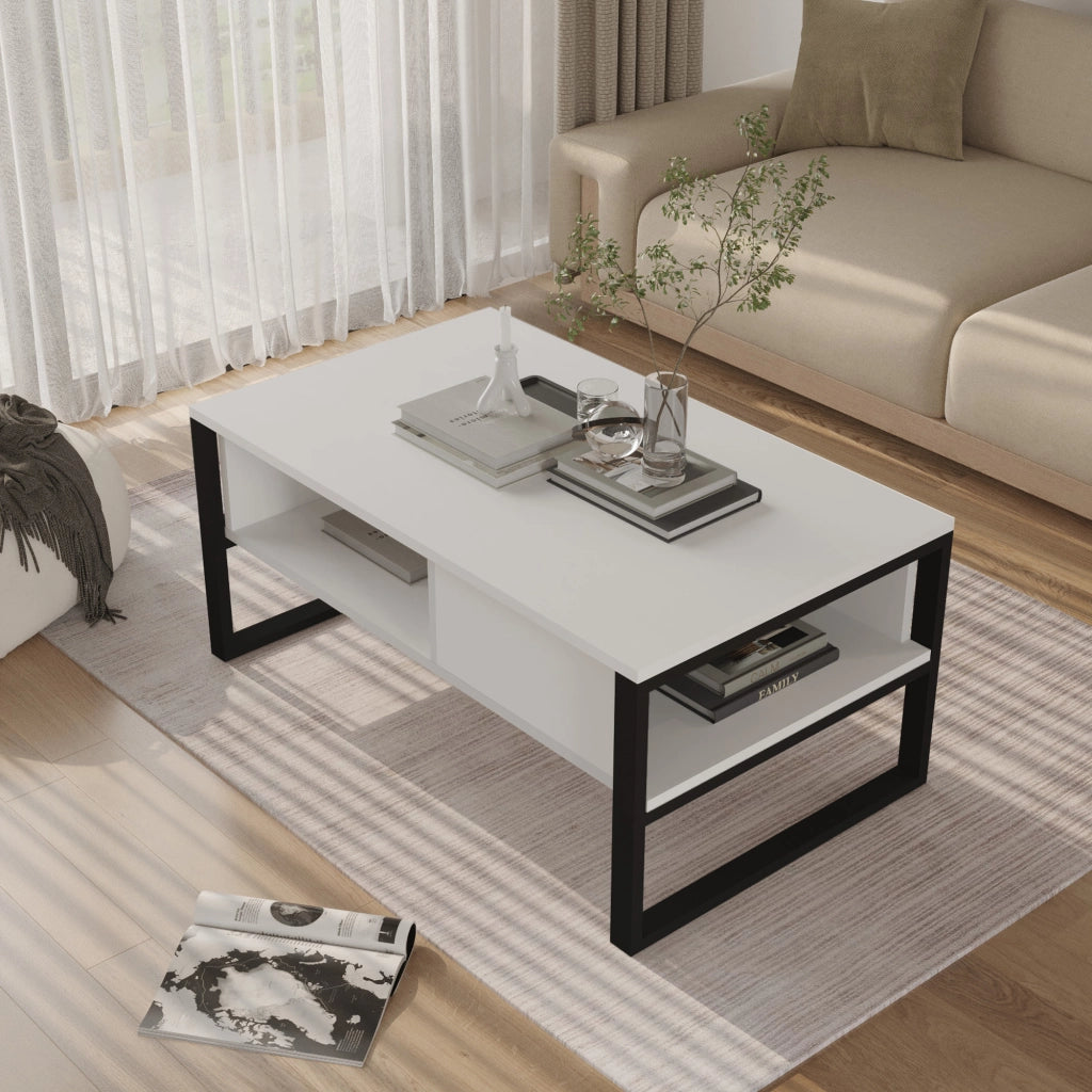 Tavolino Centrale da Salotto Laukaa con Scomparti 45 x 100 x 60 cm Bianco/Nero [en.casa]
