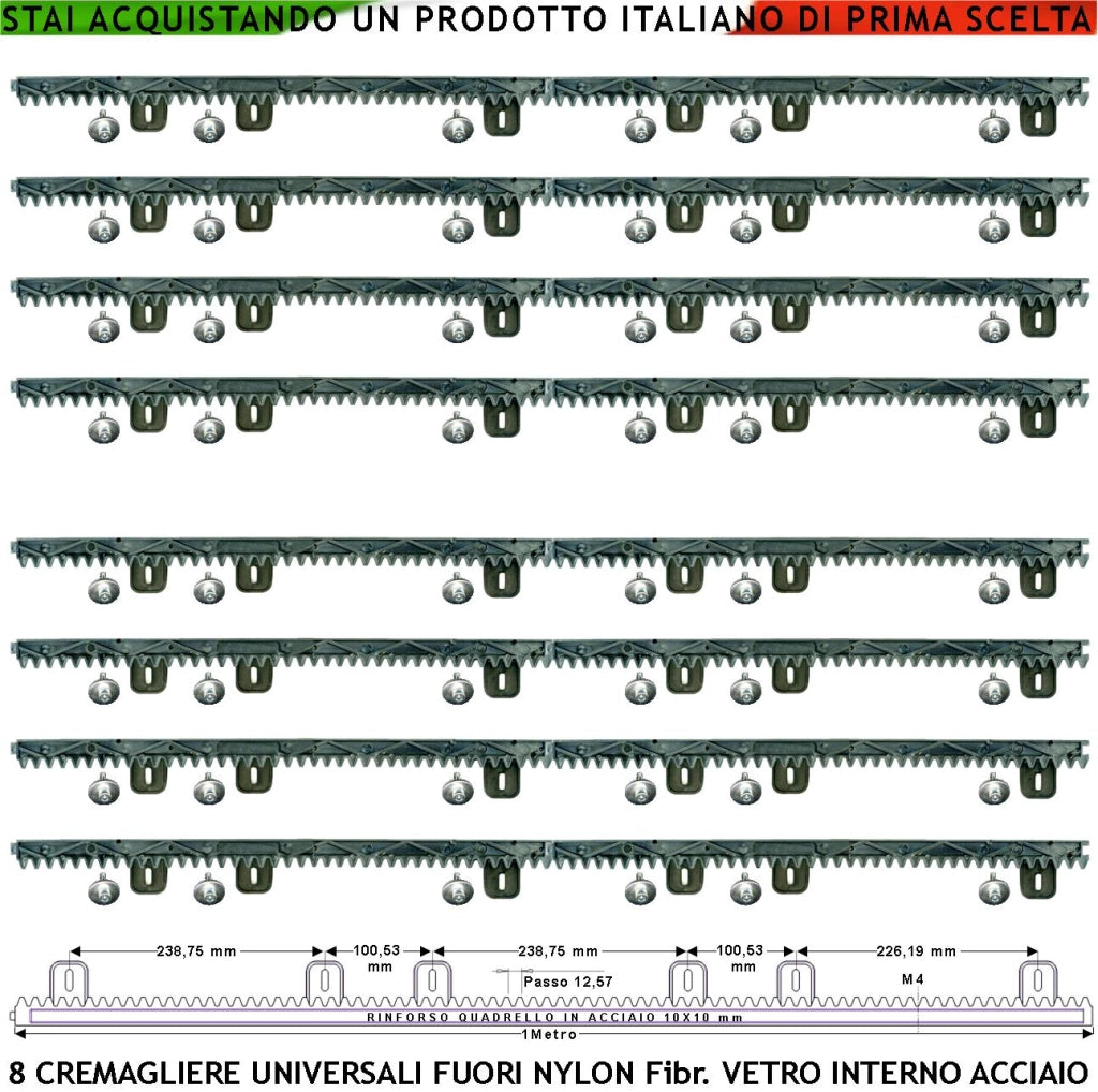 Cremagliera Universale M4 Antiusura Otto Pezzi da 1 MT in Nylon Fibra Vetro Interno Acciaio Portata 6 Q.li Max 10 Q.li 6 Viti Autofilettanti Per Metro Ricambio Cancello Scorrevole Giunture a Incastro