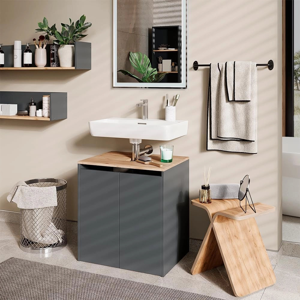 Mobile sottolavabo per bagno Viktor, Antracite/quercia dorata, 60.2 x 65 cm, con foro per sifone e ripiano interno regolabile in altezza