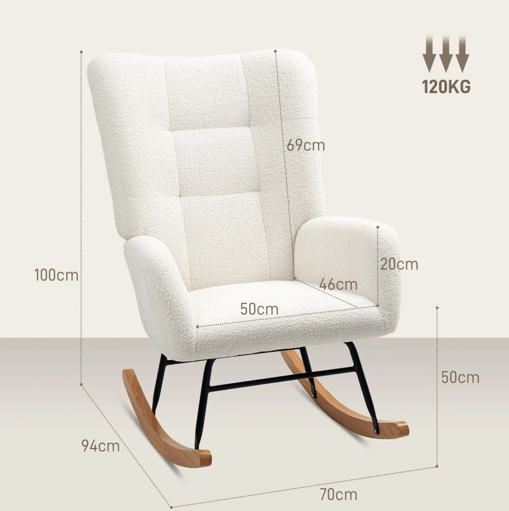 Sedia a dondolo 70x94x100 cm con seduta ampia; schienale imbottito in Teddy crema