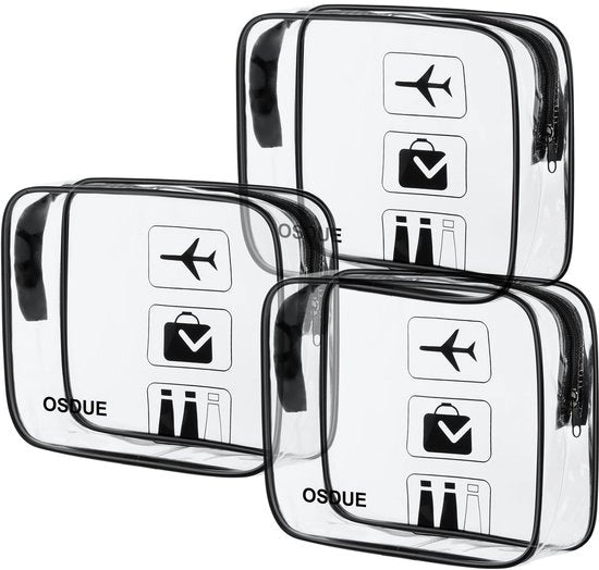 Set di 3 toilettas trasparenti, toilettas in PVC (impermeabili), accessori di viaggio per mano, borse da bagno per uomini, donne, bambini e famiglie (nero)