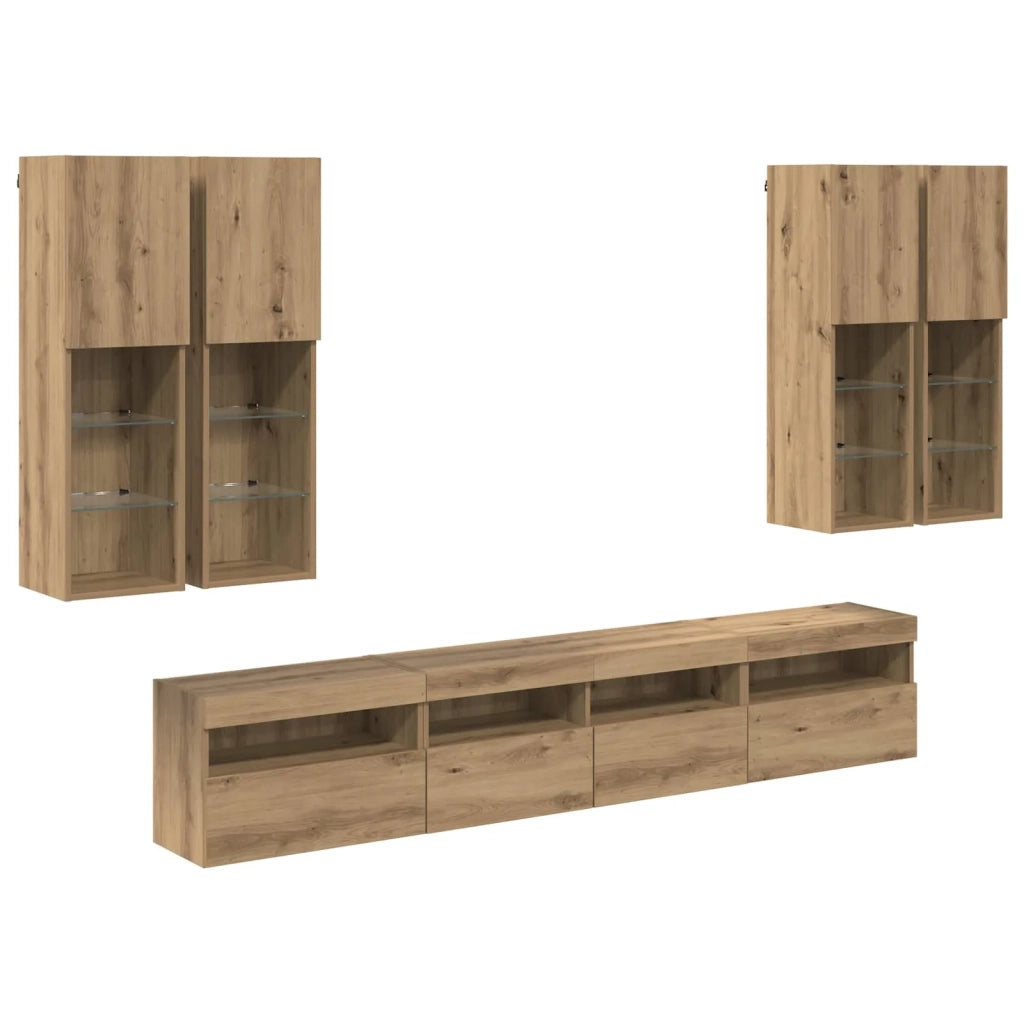 Set Mobile TV a Muro con Luci LED 7 pz-Credenza per TV sospesa rovere artigianale