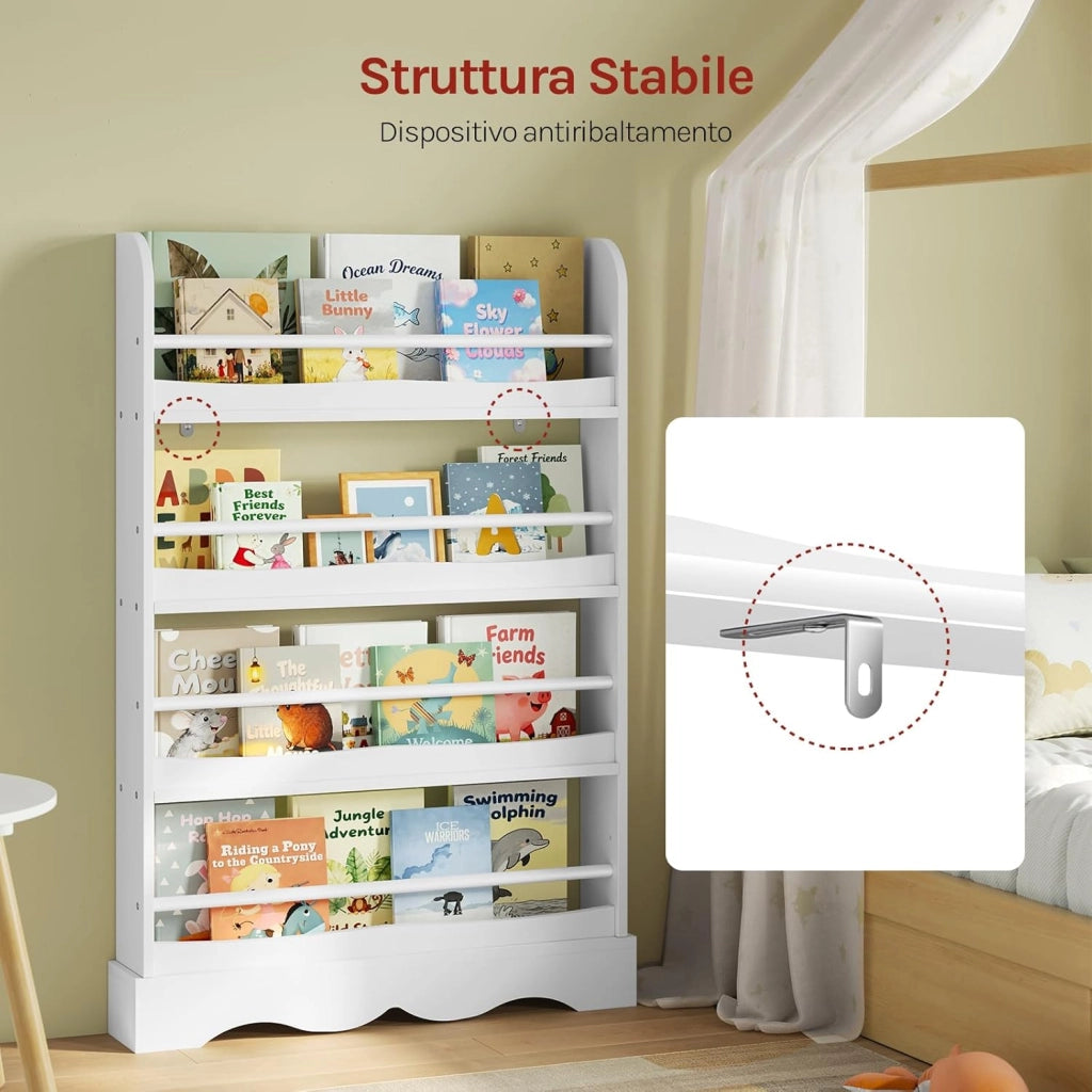 Libreria Montessoriana per Bambini, Scaffale Porta Libri Salvaspazio a 4 Ripiani, Piccola Libreria a Muro in Legno, per Cameretta, Stanza dei Giochi, 80x12x118cm