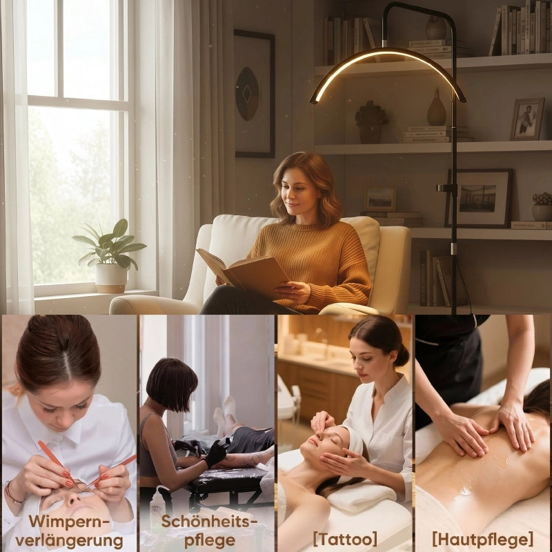 Lampada LED a mezzaluna per ciglia con supporto per telefono, anello luminoso per il trucco ruotabile a 350¡ã, luce calda con altezza regolabile.