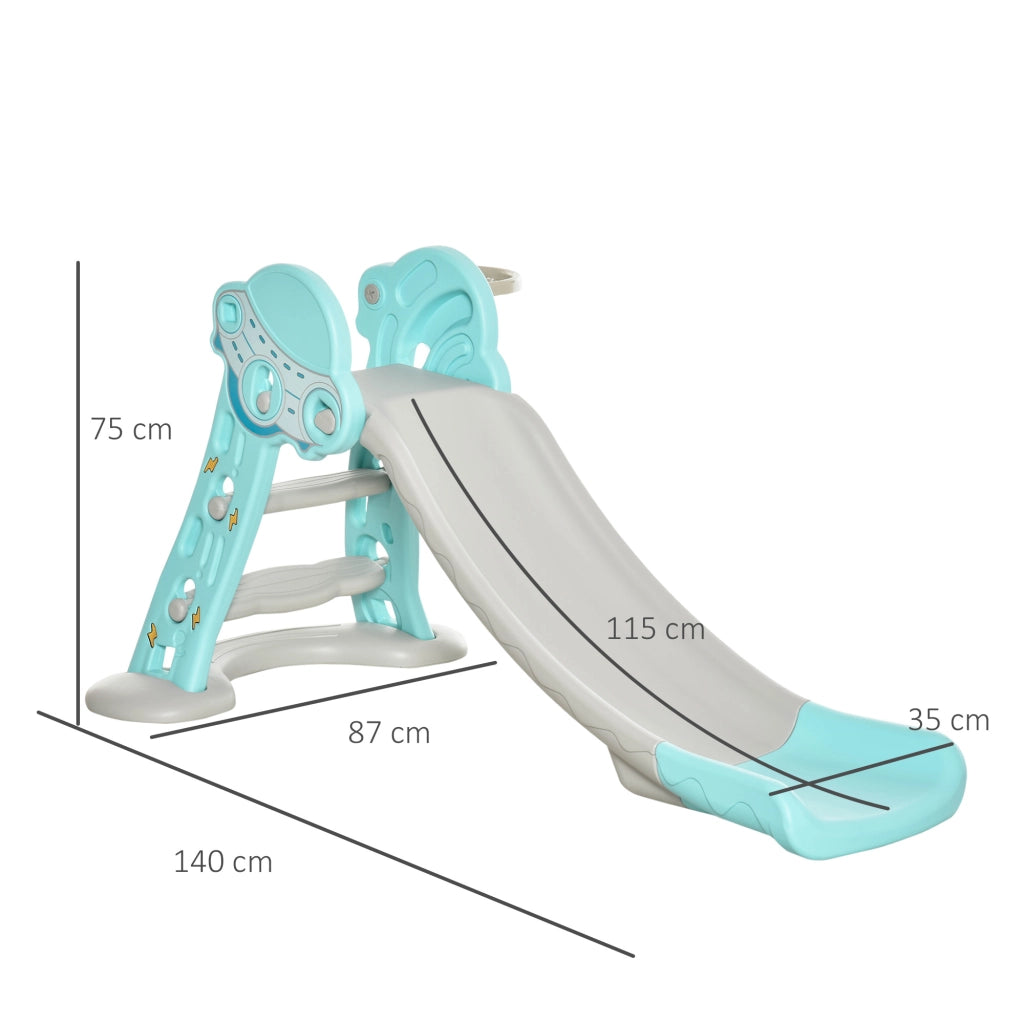 Scivolo per Bambini da 18 Mesi Pieghevole con 3 Scalini e Canestro Basket, Scivolo da Interno ed Esterno, 140x87x75cm, Blu e Grigio