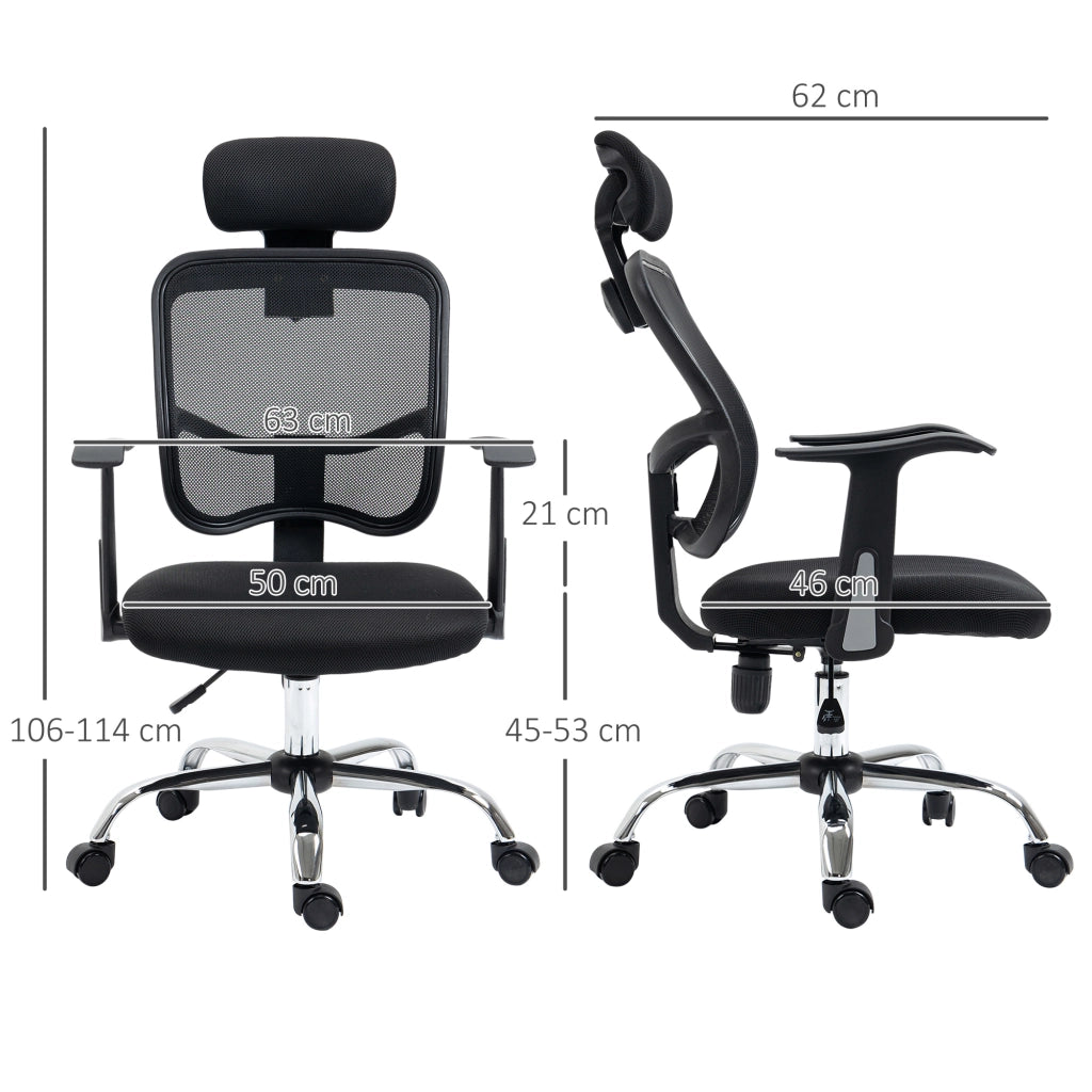 Sedia da Ufficio Ergonomica con Poggiatesta 63x62x106-114 cm in Poliestere e Acciaio Nero