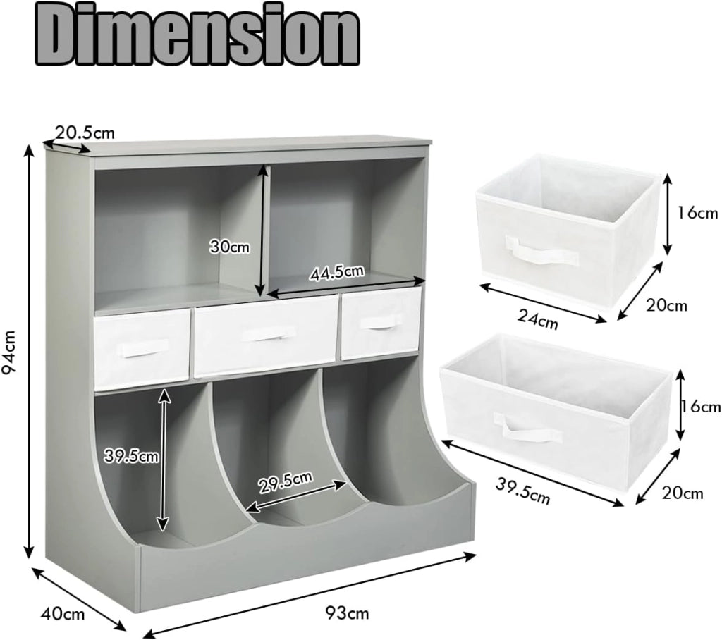Mobile portaoggetti multiuso per libri e giocattoli, armadietti di 2 diverse dimensioni, armadio per bambini, libreria aperta con 3 cassetti, 93 x 40 x 94 cm (grigio) (QF53080PAFR)