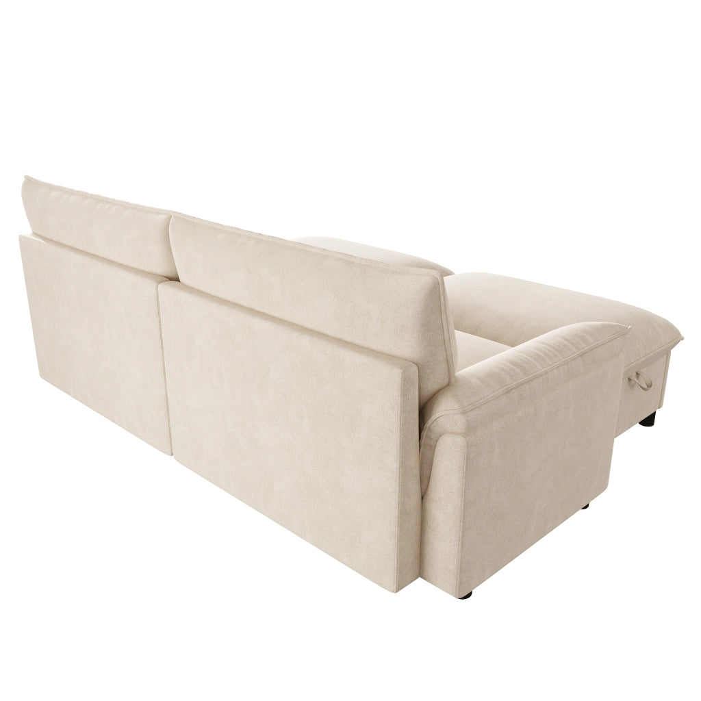 Divano modulare con pouf contenitore e funzione letto - in chenille beige