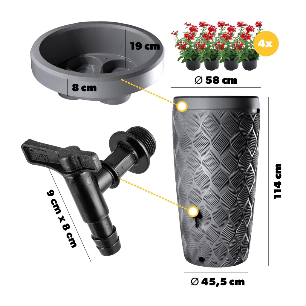 Serbatoio per acqua piovana KADAX, barile da 240 litri, contenitore, vaso da fiori, base per rubinetto, antracite