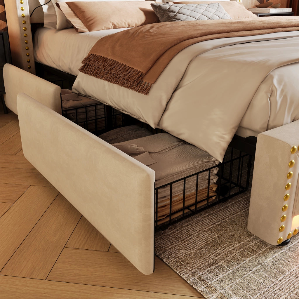 Letto imbottito 140x200 in velluto beige con 4 cassetti, LED, USB-C, rete a doghe e materasso incluso