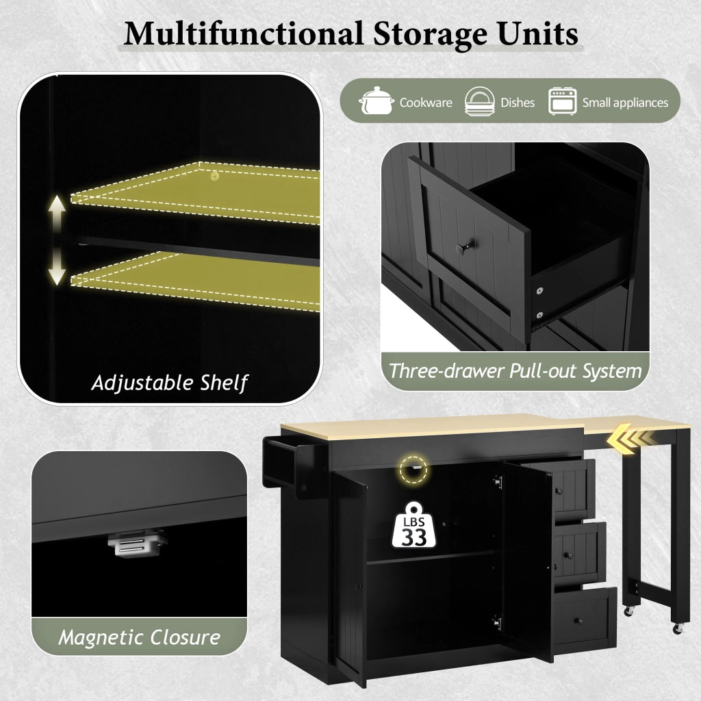 Carrello da cucina con piano estraibile, 3 cassetti, ripiani regolabili e portaspezie per cucina e pranzo, in MDF e PB, nero