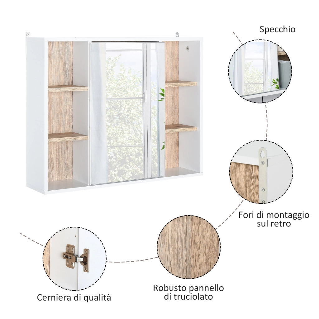 Armadietto con Specchio in MDF e Truciolato con 3 Ripiani Laterali e Ripiano Regolabile Interno. 60x14.5x49.4 cm