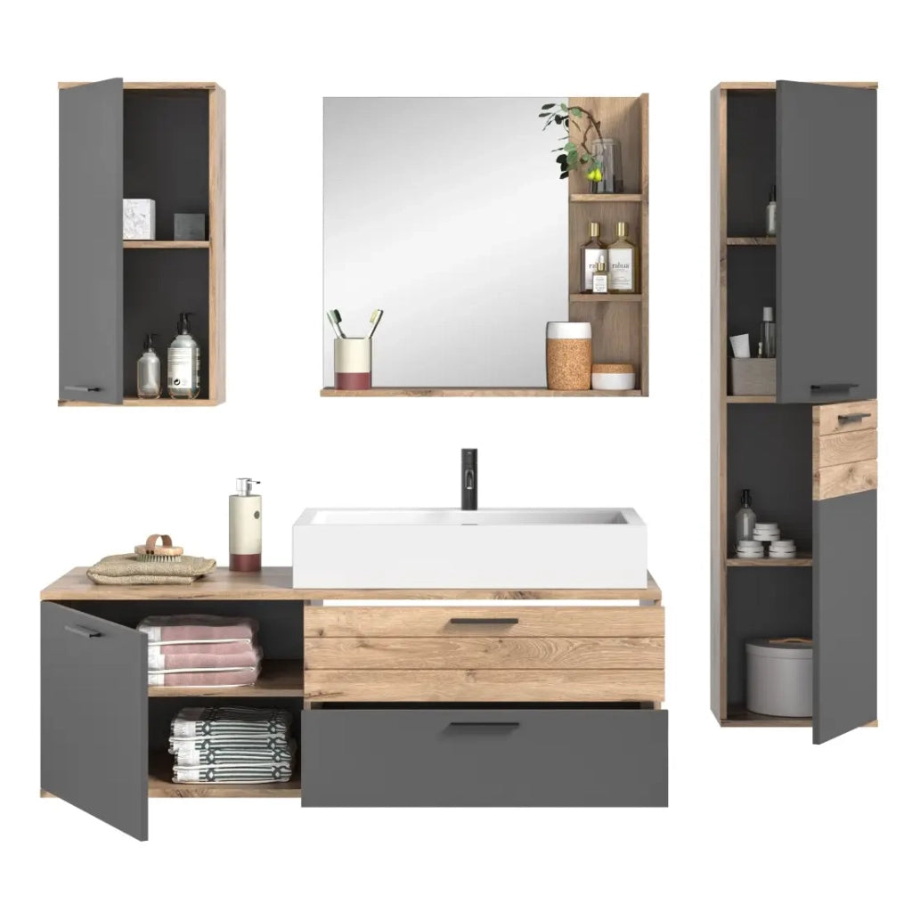 Set da bagno: mobile sotto lavabo + colonna di stoccaggio + mezza colonna + specchio – Grigio antracite e rovere chiaro –