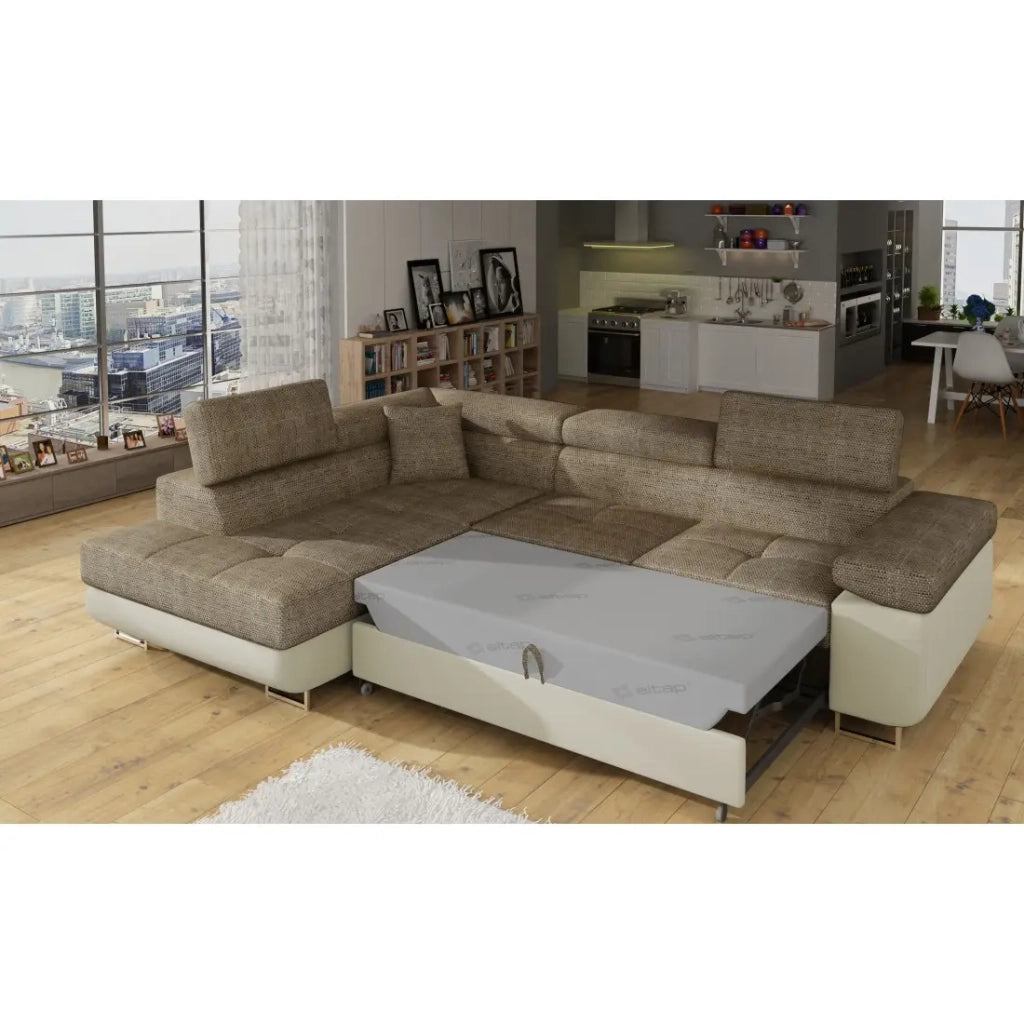 Divano ad angolo convertibile MENTON beige e marrone bouclé – Angolo sinistro con contenitore