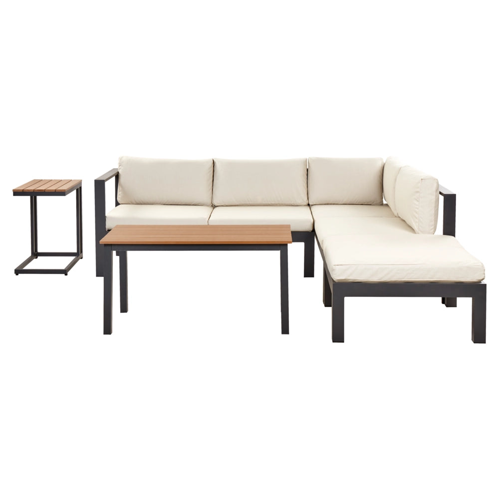 Set da giardino 5 posti in alluminio nero con divano e cuscini beige e tavolo a doghe set moderno scandinavo esterno