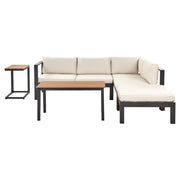 Set da giardino 5 posti in alluminio nero con divano e cuscini beige e tavolo a doghe set moderno scandinavo esterno